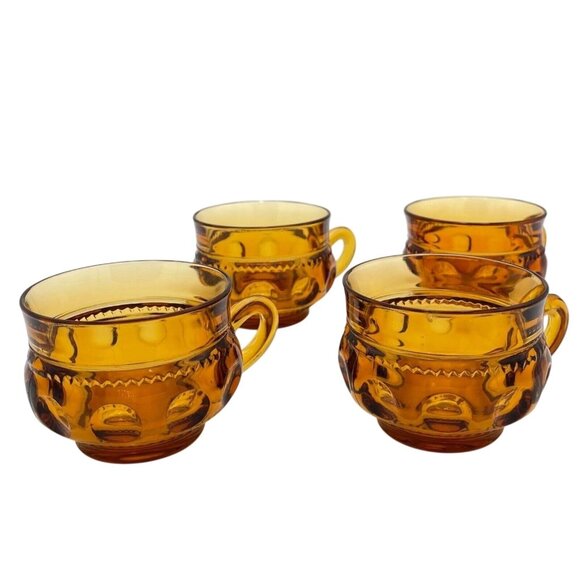 Vintage King’s Crown Amber Thumbprint Tea Cups – Set of 4 | Short King's Crown S - Picture 1 of 5